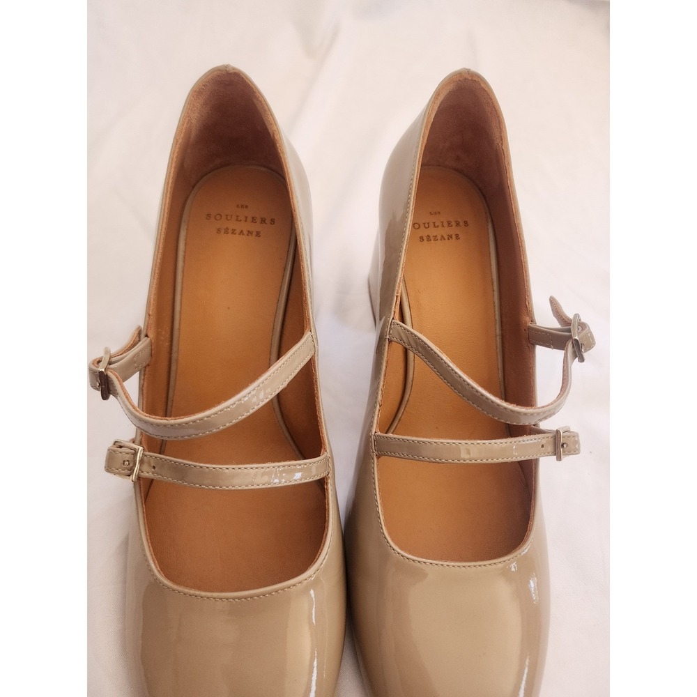 Sezane Paula Babies Mary Jane Nude Patent Leather Block Heel Pumps Size 39 US 8 - Picture 3 of 13